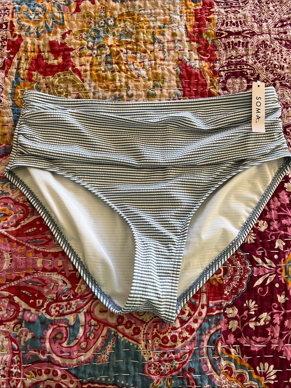 Soma Striped High-Waist Swim  Bottom — Light Blue & White
